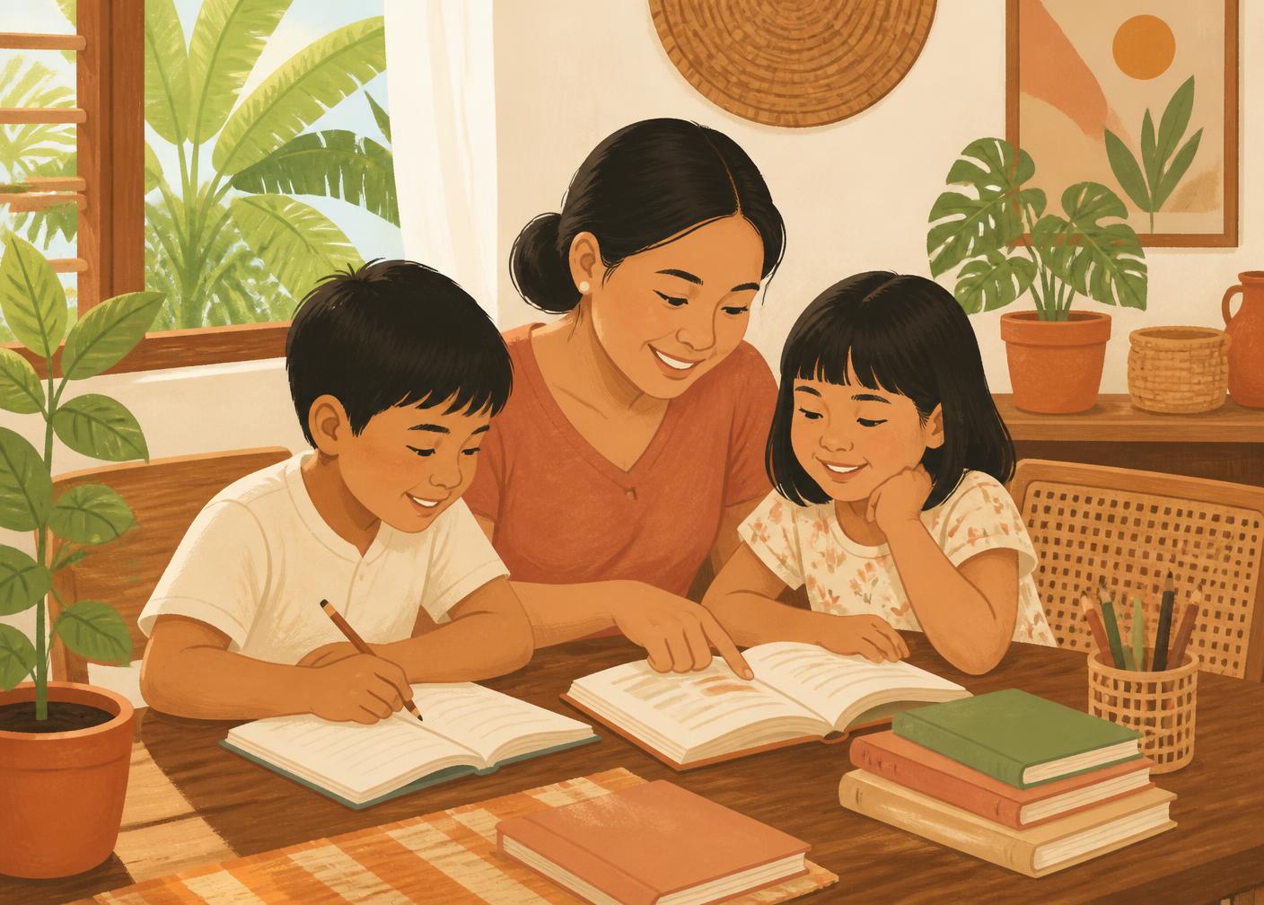 A Filipino mother homeschooling her two children at the dining table